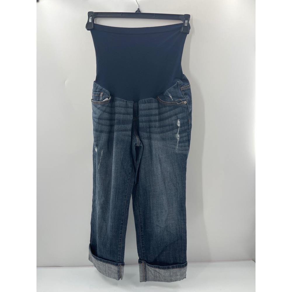 Indigo Blue Maternity Capri Jeans Dark Wash Distressed Full Belly Panel Size L